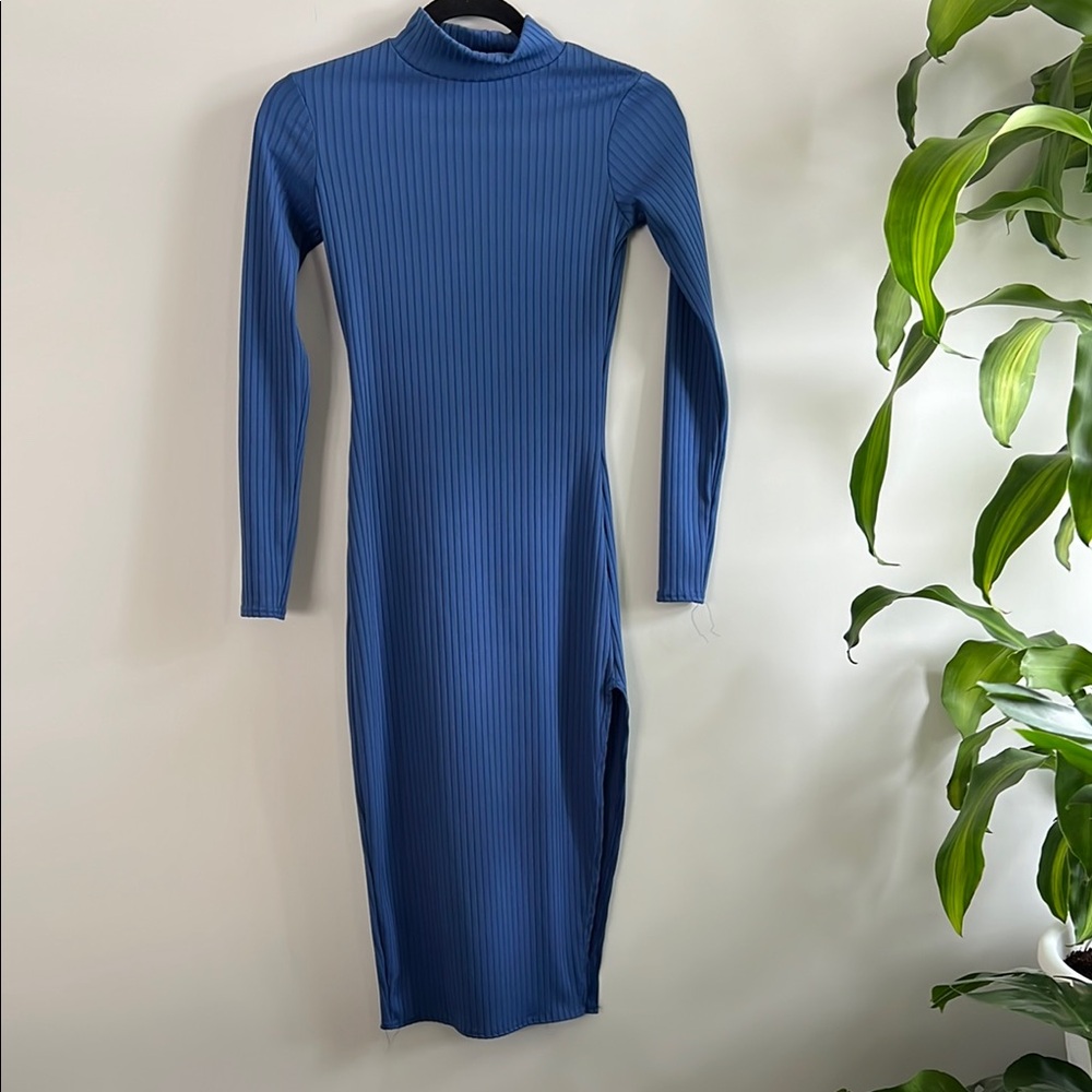 Boohoo Blue Ribbed Long Sleeve Mock Neck Bodycon slit Dress